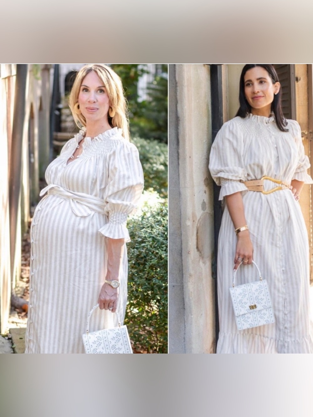 DONDOLO XXS Linen Striped Smocked Button Down Midi Dress